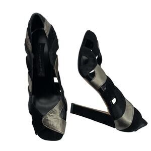 STEVEN Steve Madden Size 6.5 Suede Leather‎ Cutout High Heels Black Silver Fur